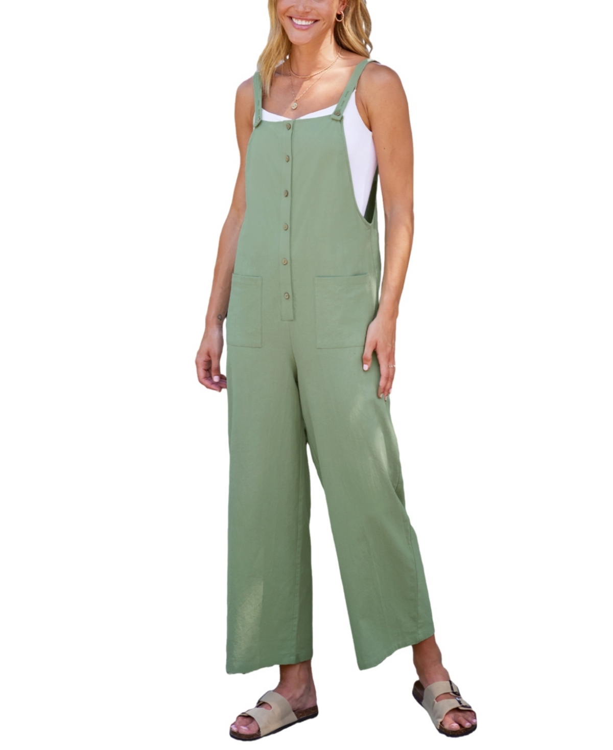 Women's Sage Square Neck Patch Pocket Pinafore Jumpsuit - Light/pastel green
