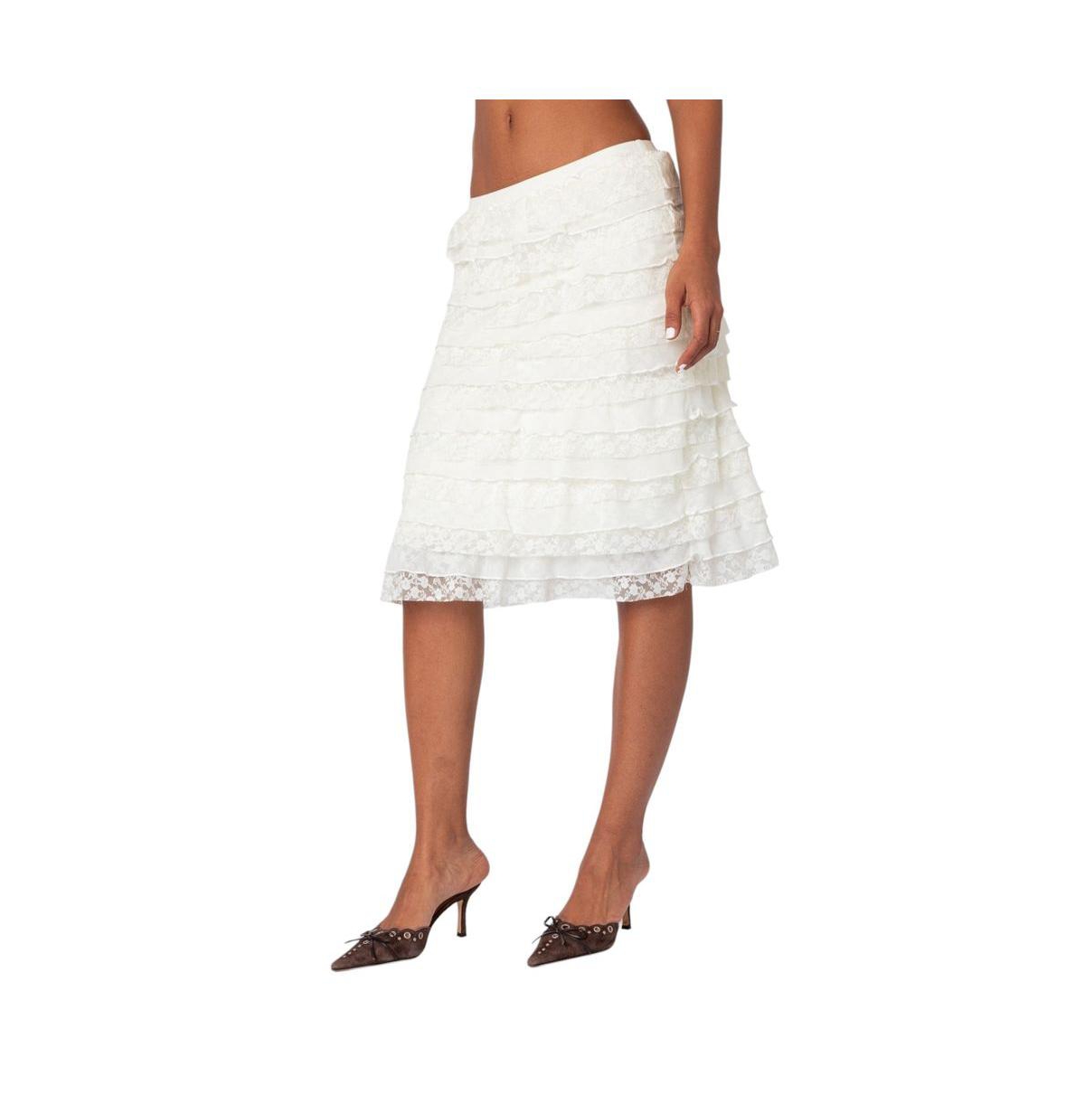 Edikted Women's Louise Lace And Mesh Ruffle Midi Skirt
