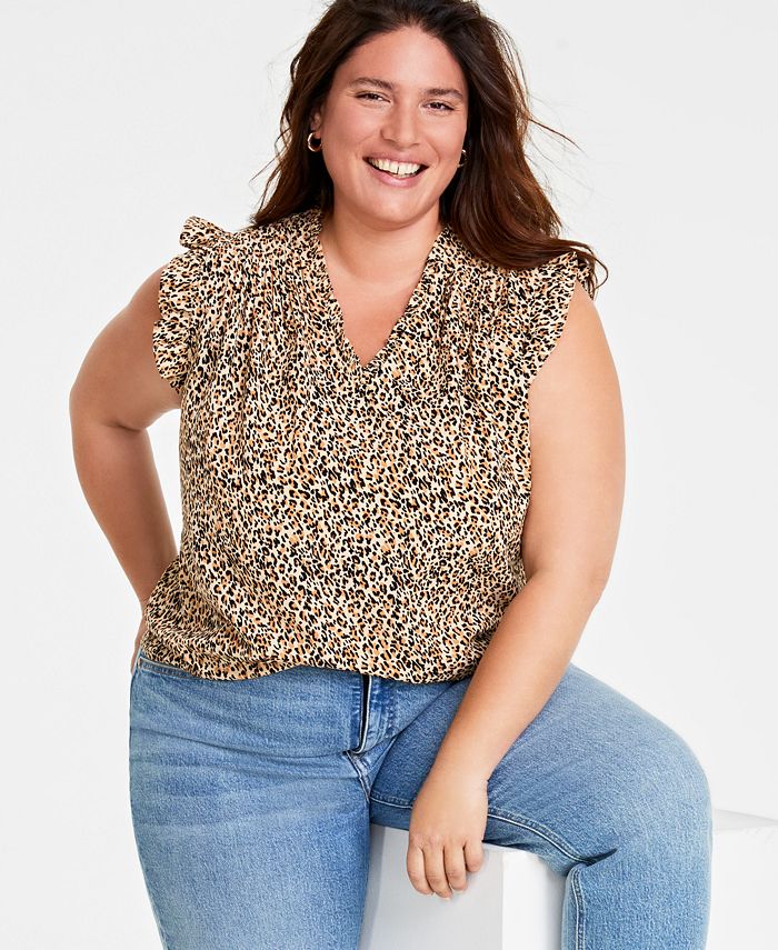 On 34th Trendy Plus Size Leopard-Print Ruffle-Sleeve Top, Created for ...