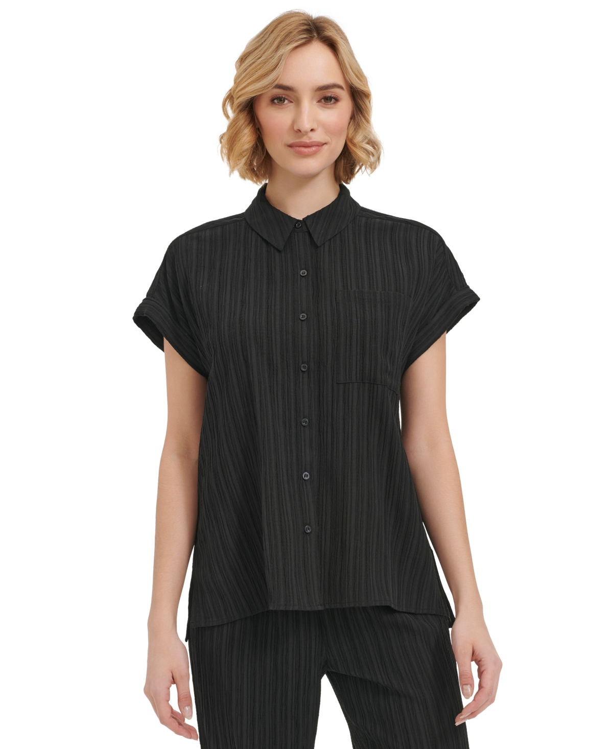 Shop Calvin Klein Women's Short Sleeve Crinkle Button Down In Black
