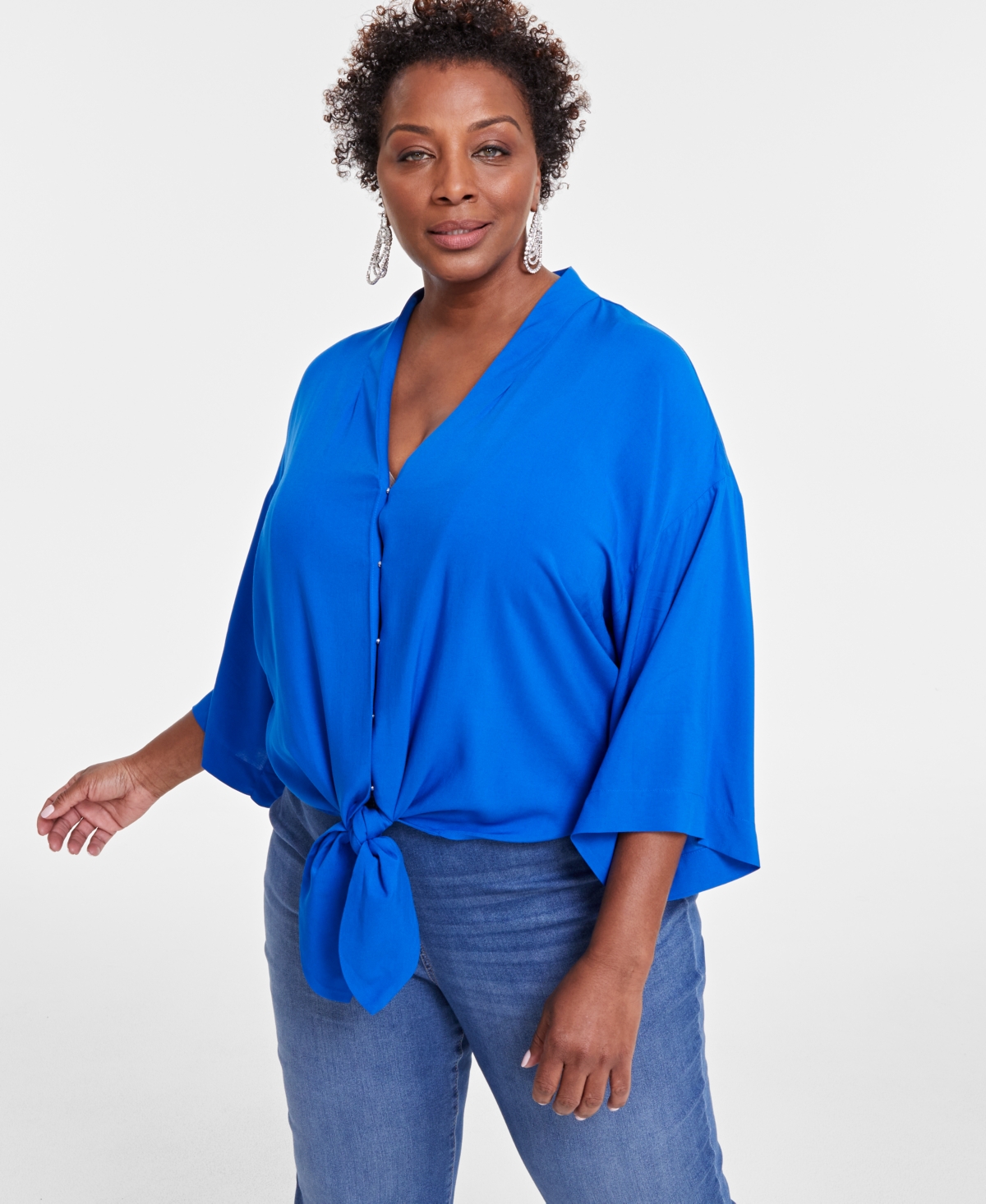 Plus Size Tie-Front Top, Created for Macy's - Intense Cobalt