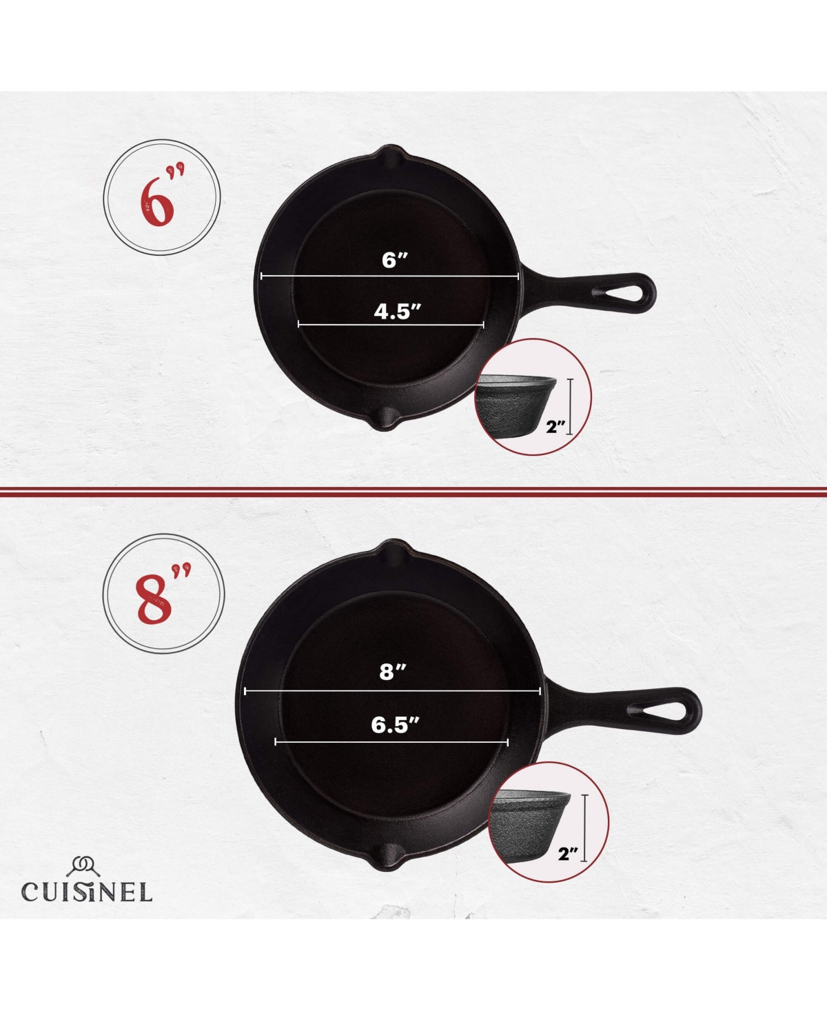 Cuisinel Cast Iron Skillet Set - 4-Piece Chef Pan - 6