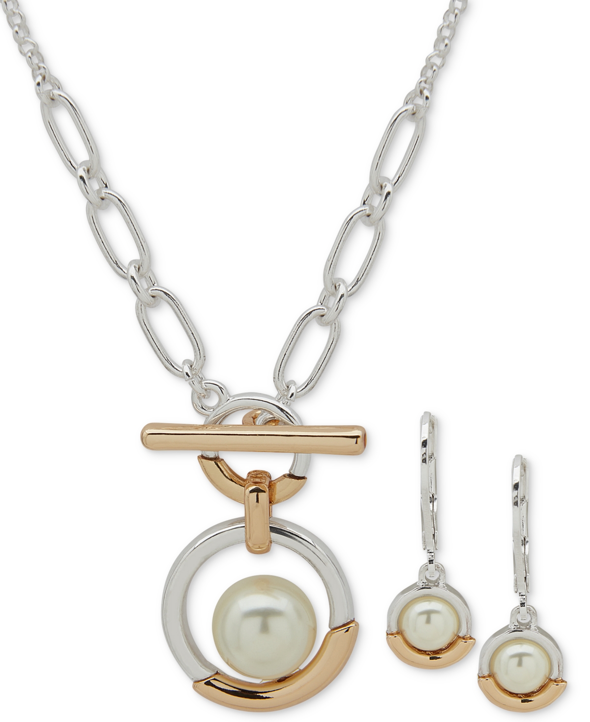 Two-Tone Imitation Pearl Ring Pendant Necklace & Drop Earrings Set - Pearl
