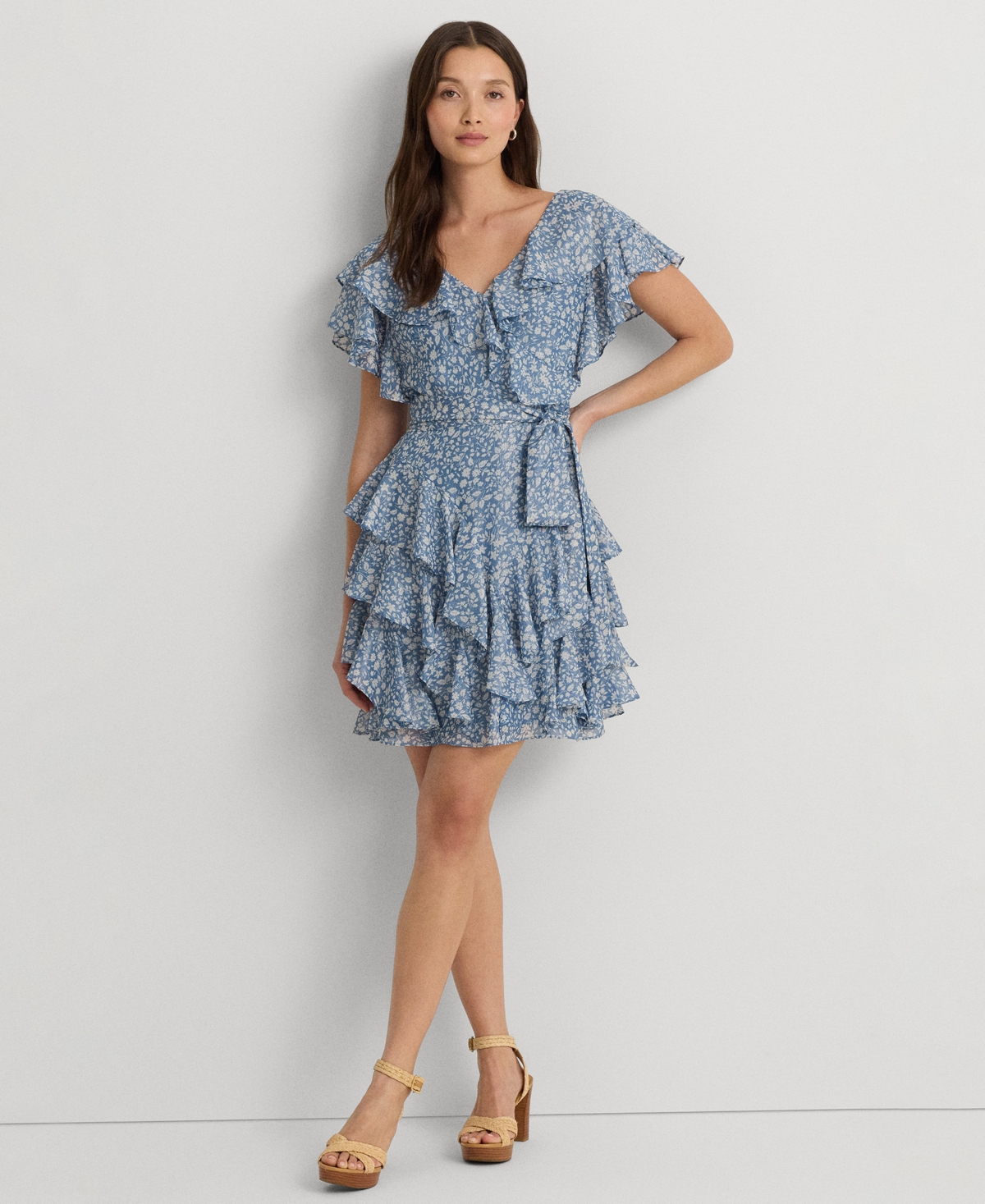 Shop Lauren Ralph Lauren Women's Ruffled Chiffon Fit & Flare Dress In Blue