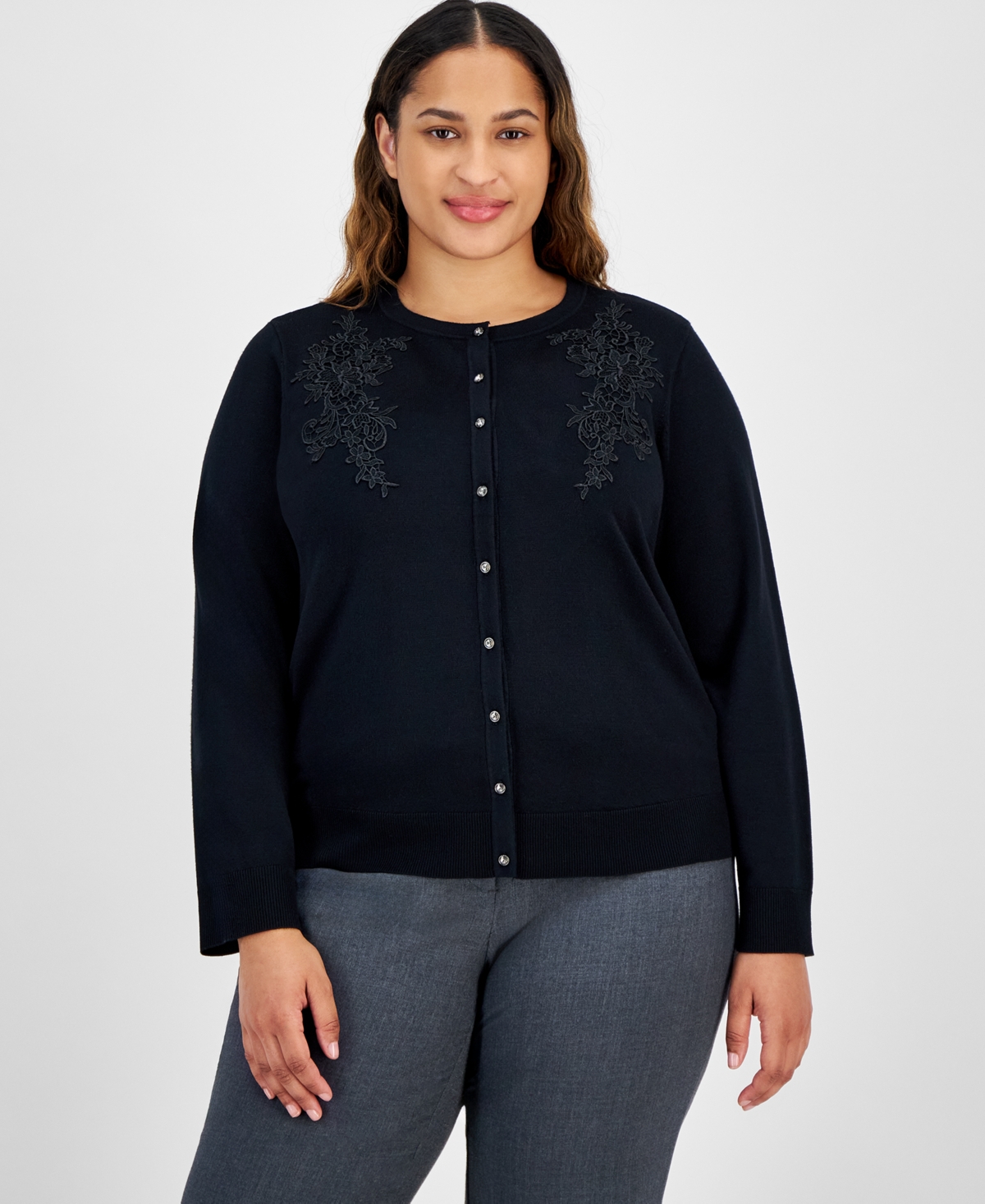 Jm Collection Plus Size Applique Long-sleeve Button-front Cardigan, Created For Macy's In Deep Black