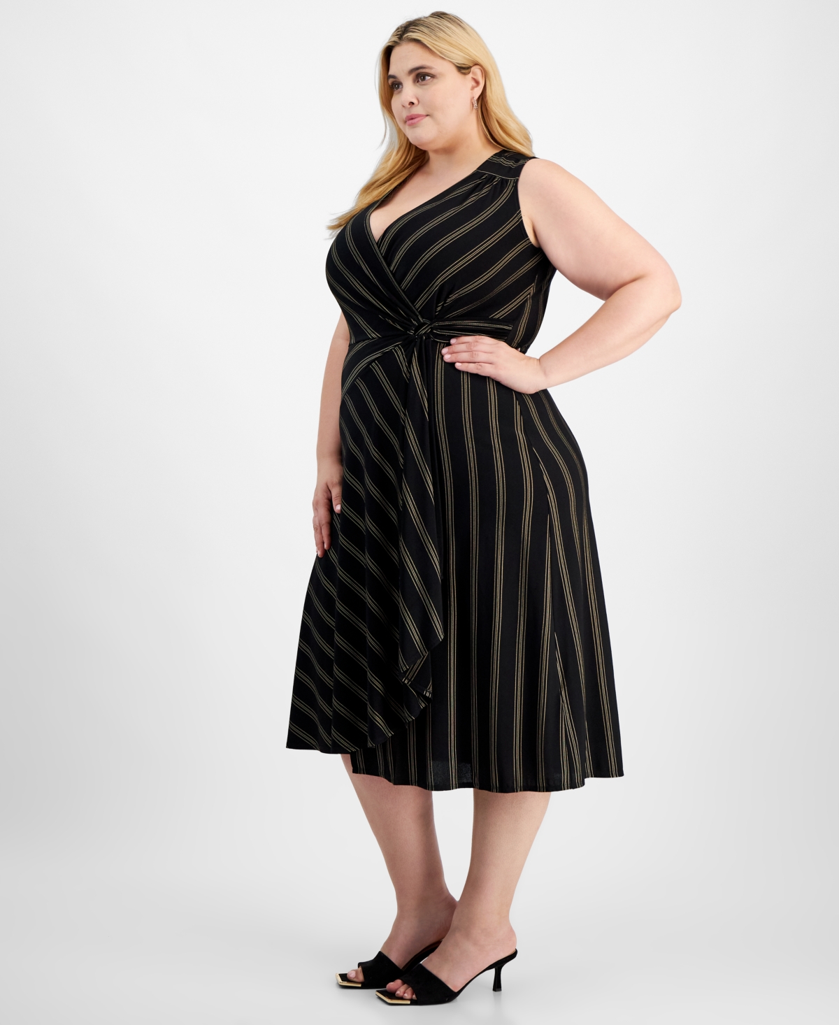 Robbie Bee Plus Size Striped Faux-Wrap Midi Dress -tan