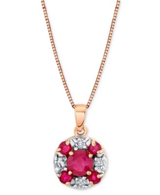 Macy's - Ruby (1-1/10 ct. t.w.) & Diamond (1/6 ct. t.w.) Round Cluster 18" Pendant Necklace in 14k Rose Gold