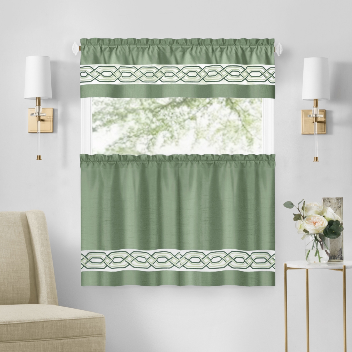 Kate Aurora Pacifico Complete 3 Piece Rod Pocket Embroidered Tier & Valance Kitchen Curtain Set