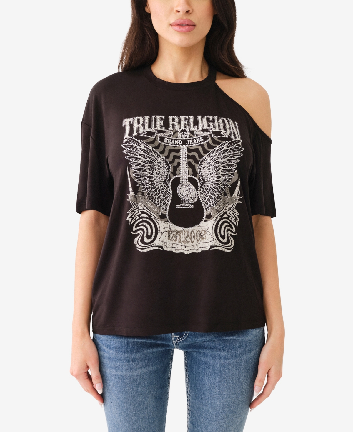 Shop True Religion Women's Crystal Cold Shoulder Band Tee In Black