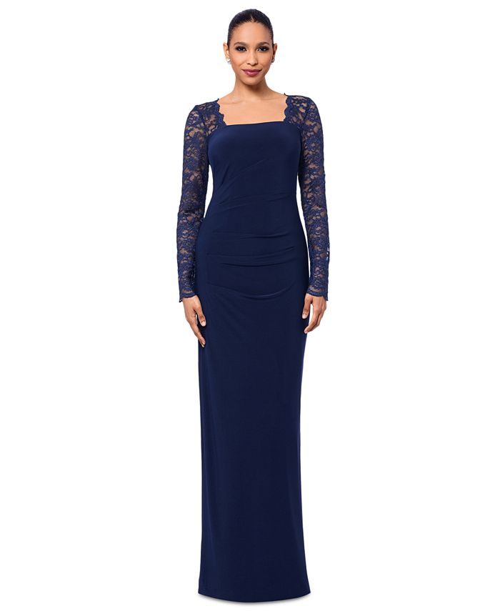 Betsy & Adam Women's Lace-Sleeve Square-Neck Gown - Macy's