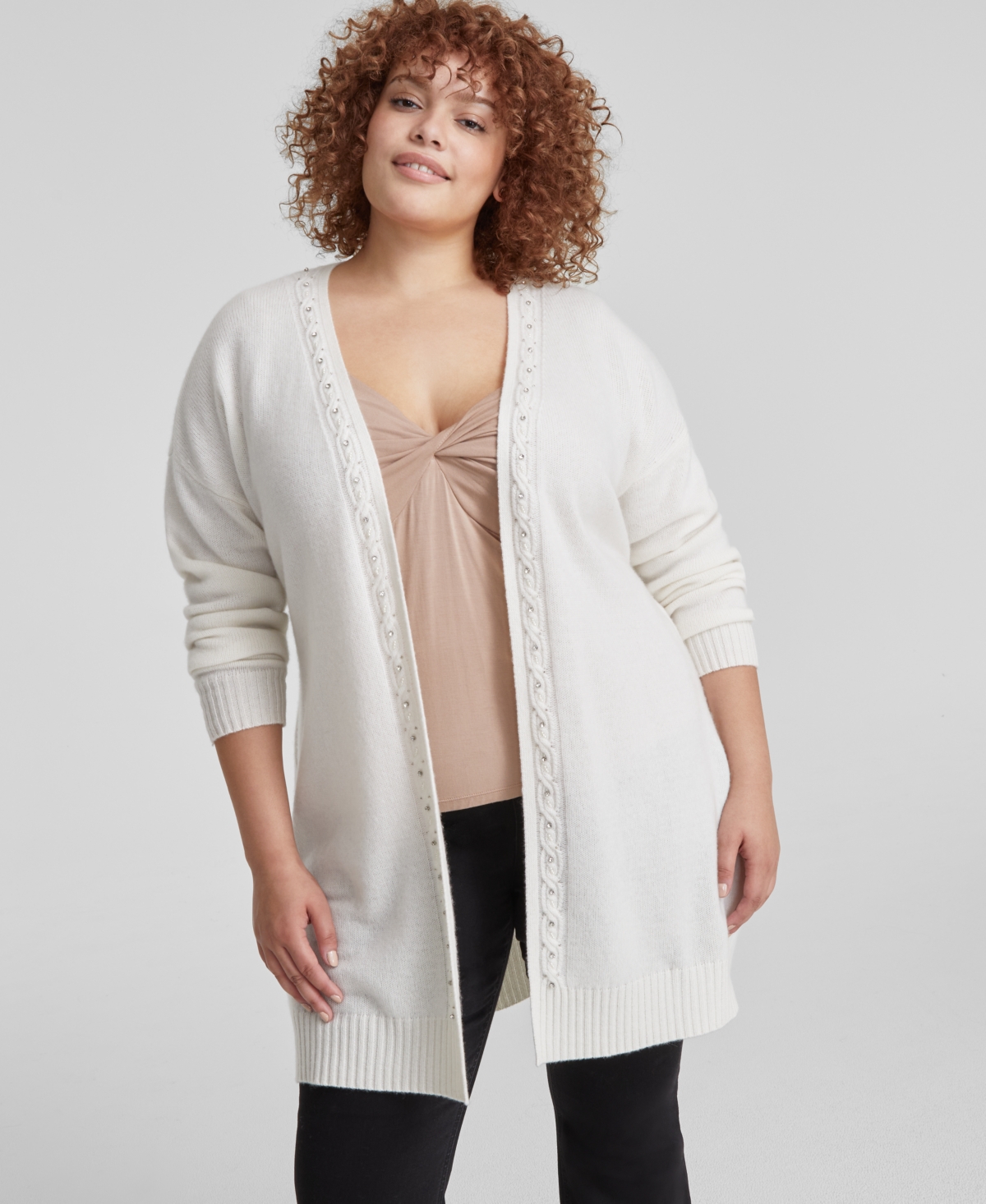 Charter Club Plus Size Cashmere Bead-Trim Belted Cardigan, Created for Macy's