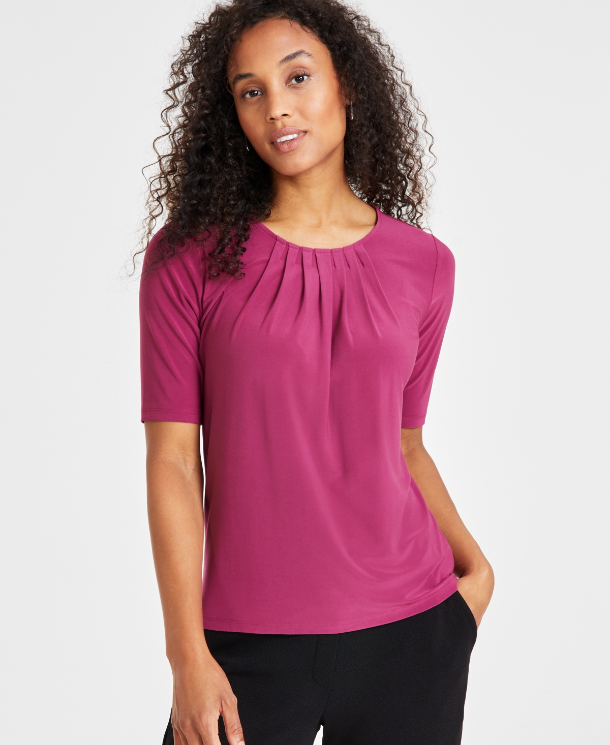 Kasper Plus Size Elbow-sleeve Pleated-neck Top In Cerise
