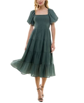 Crystal Doll - Juniors' Crinkled Balloon-Sleeve Tiered Midi Dress