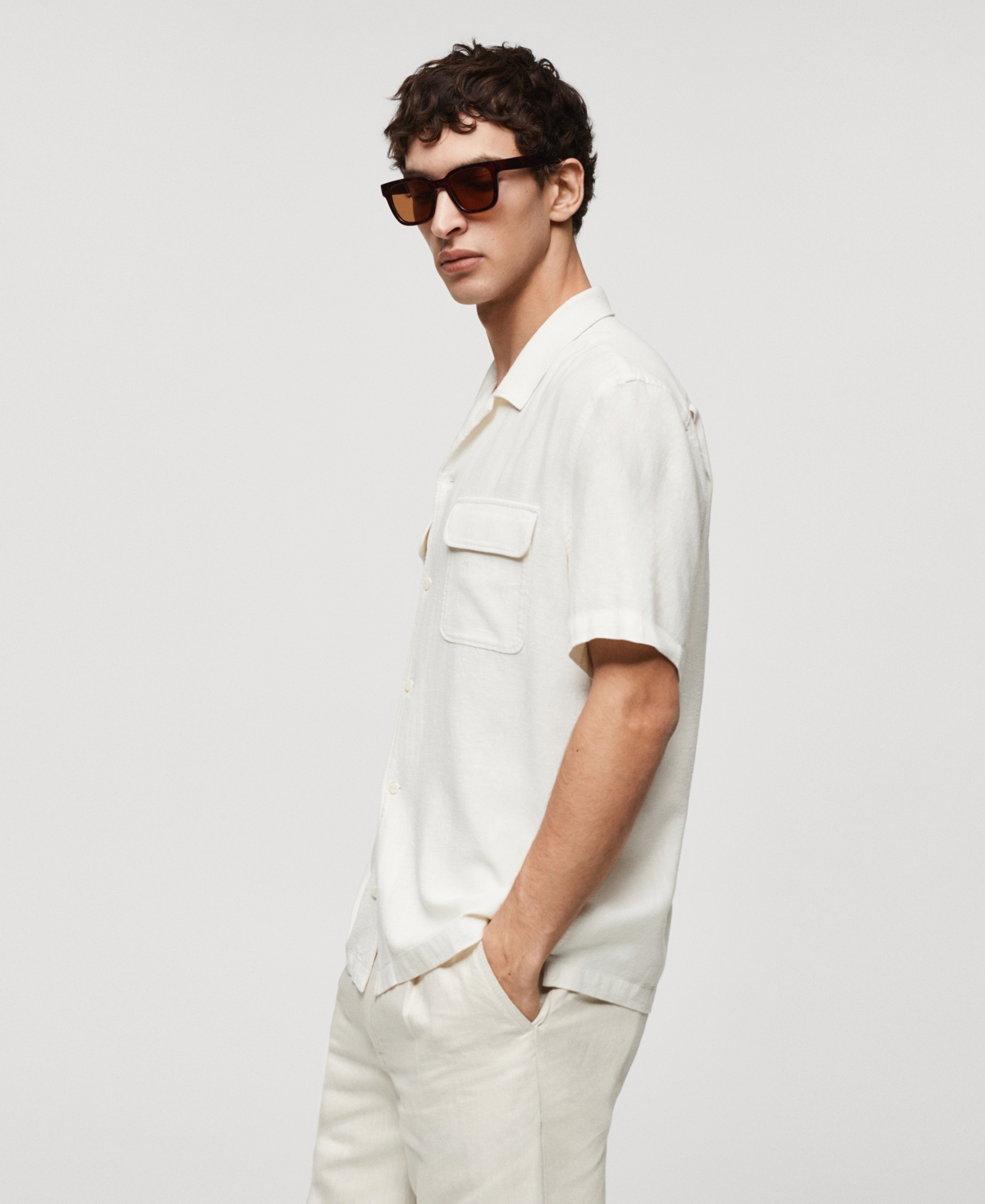 Shop Mango Men's Bowling Collar Linen Shirt In White