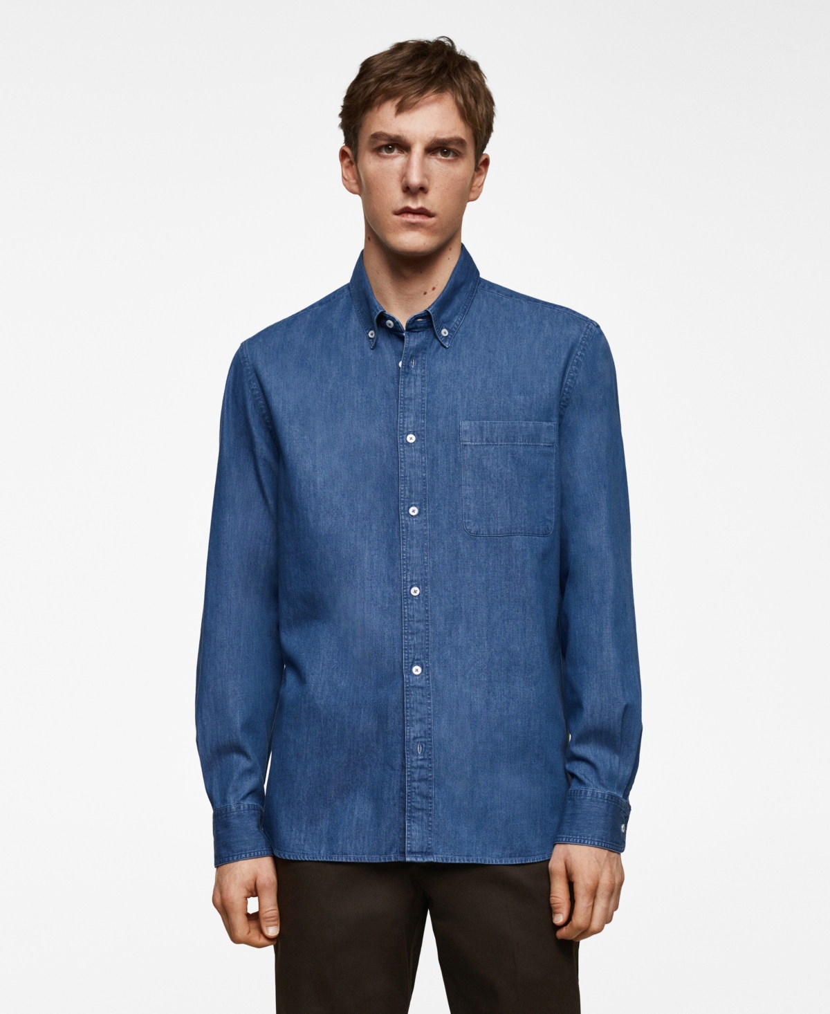 Shop Mango Men's Classic-fit Chambray Cotton Shirt In Medium Blue