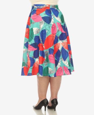 Plus Size Leaf Print Vintage Flared Midi Skirt