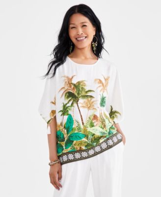JM Collection - Women's Oasis Palm Scoop-Neck Tassel-Trim Top