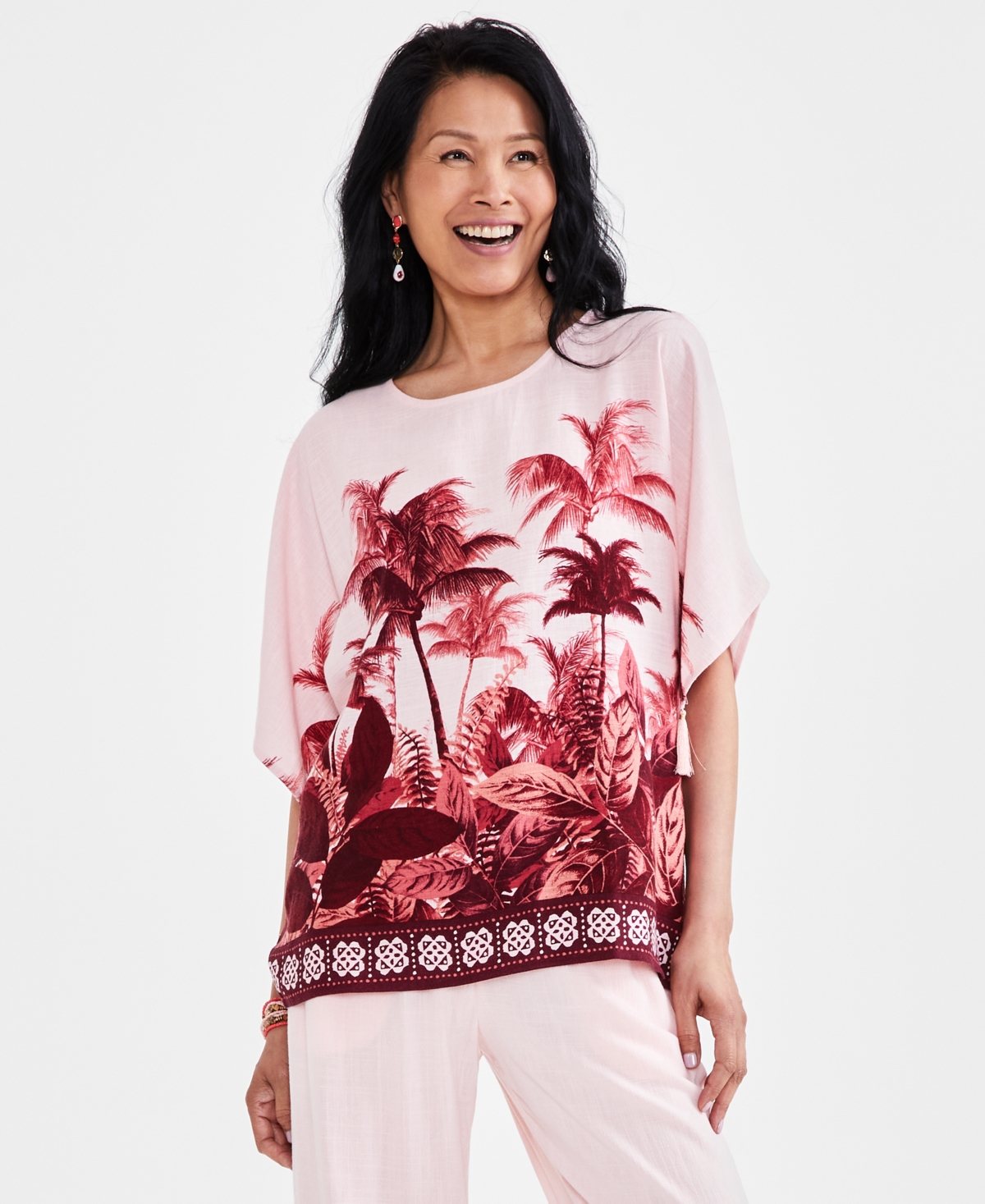 JM COLLECTION PETITE OASIS PALM-PRINT TASSEL-TRIM-SLEEVE TOP, CREATED FOR MACY'S 