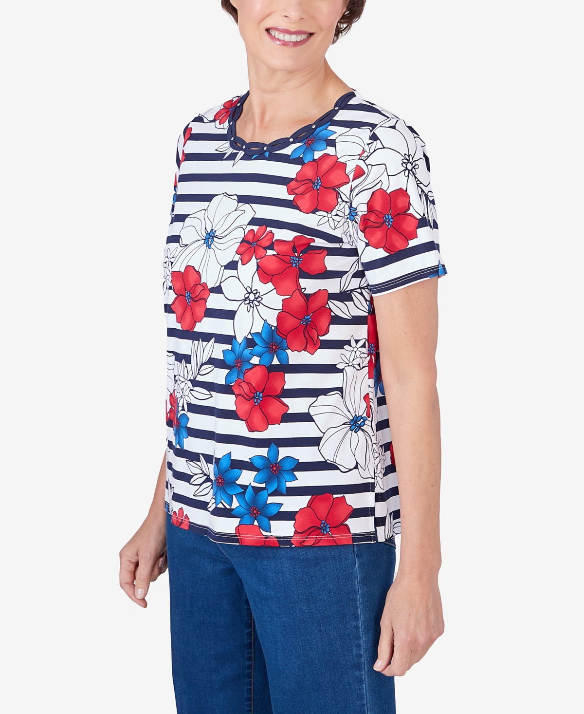 Alfred Dunner Plus Size Floral Stripe Braided Neck Tee In Multi