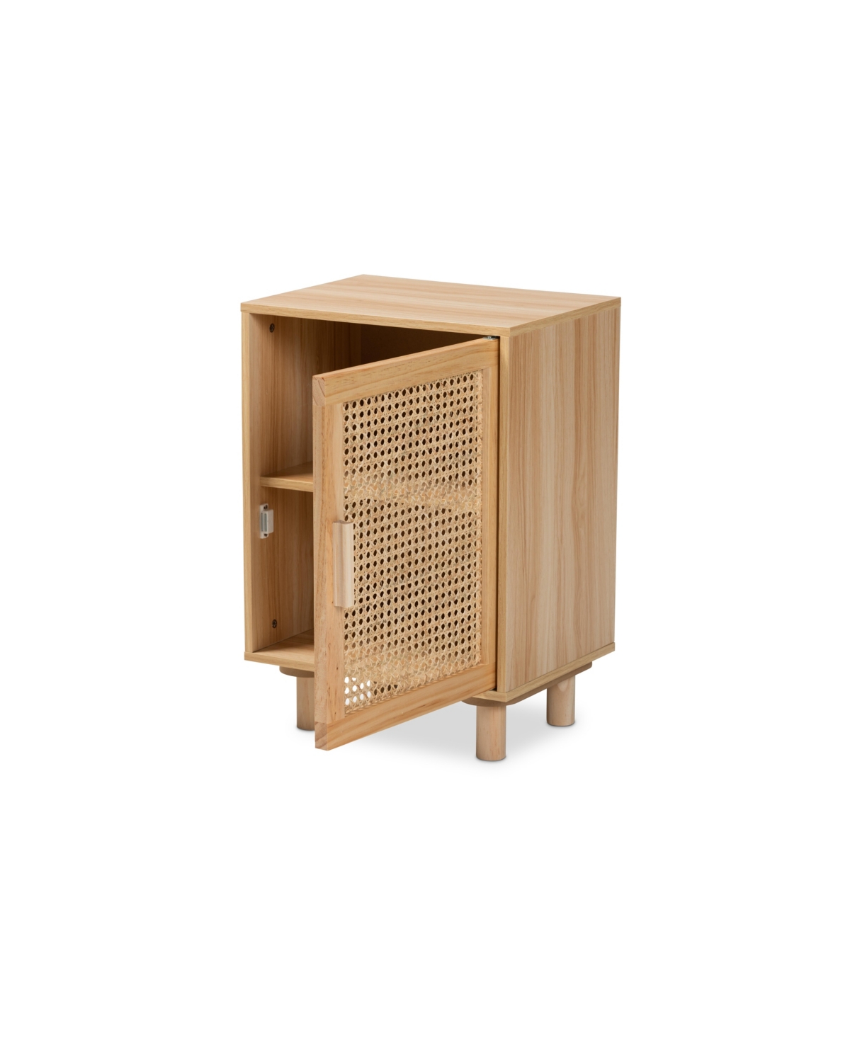 Baxton Studio Maclean Mid-century Modern Rattan And Natural Brown Finished Wood 1-door End Table In Beige,natural Brown