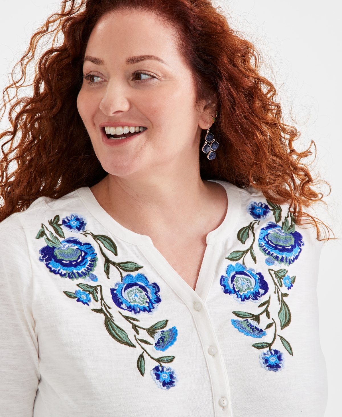 Style & Co Plus Size Floral-Embroidered Henley Top, Created for Macy's