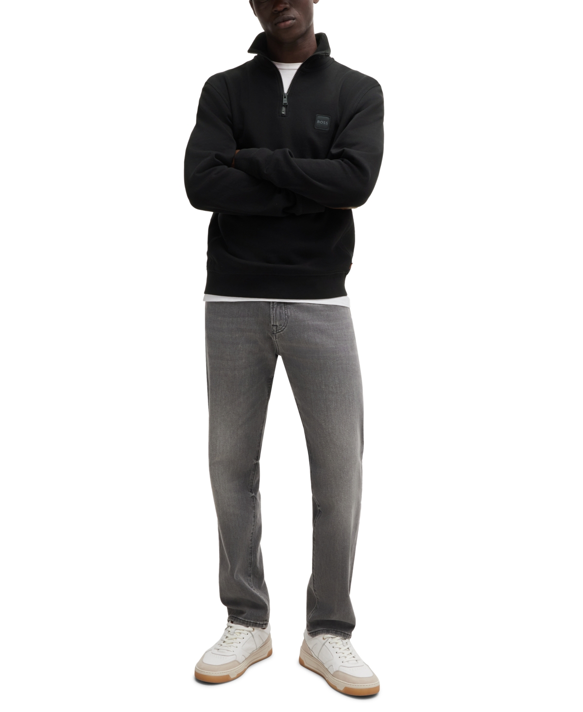 Hugo Boss Cotton-terry Zip-neck Sweatshirt With Logo Patch In Black