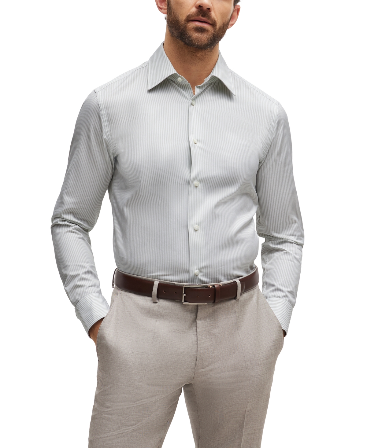 Shop Hugo Boss Boss By  Men's Striped Cotton Slim-fit Shirt In Open Green