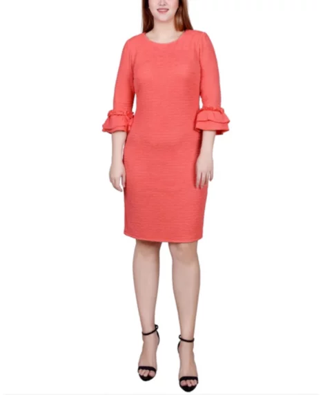 Petite 3/4 Sleeve Textured Knit Dress - Coral