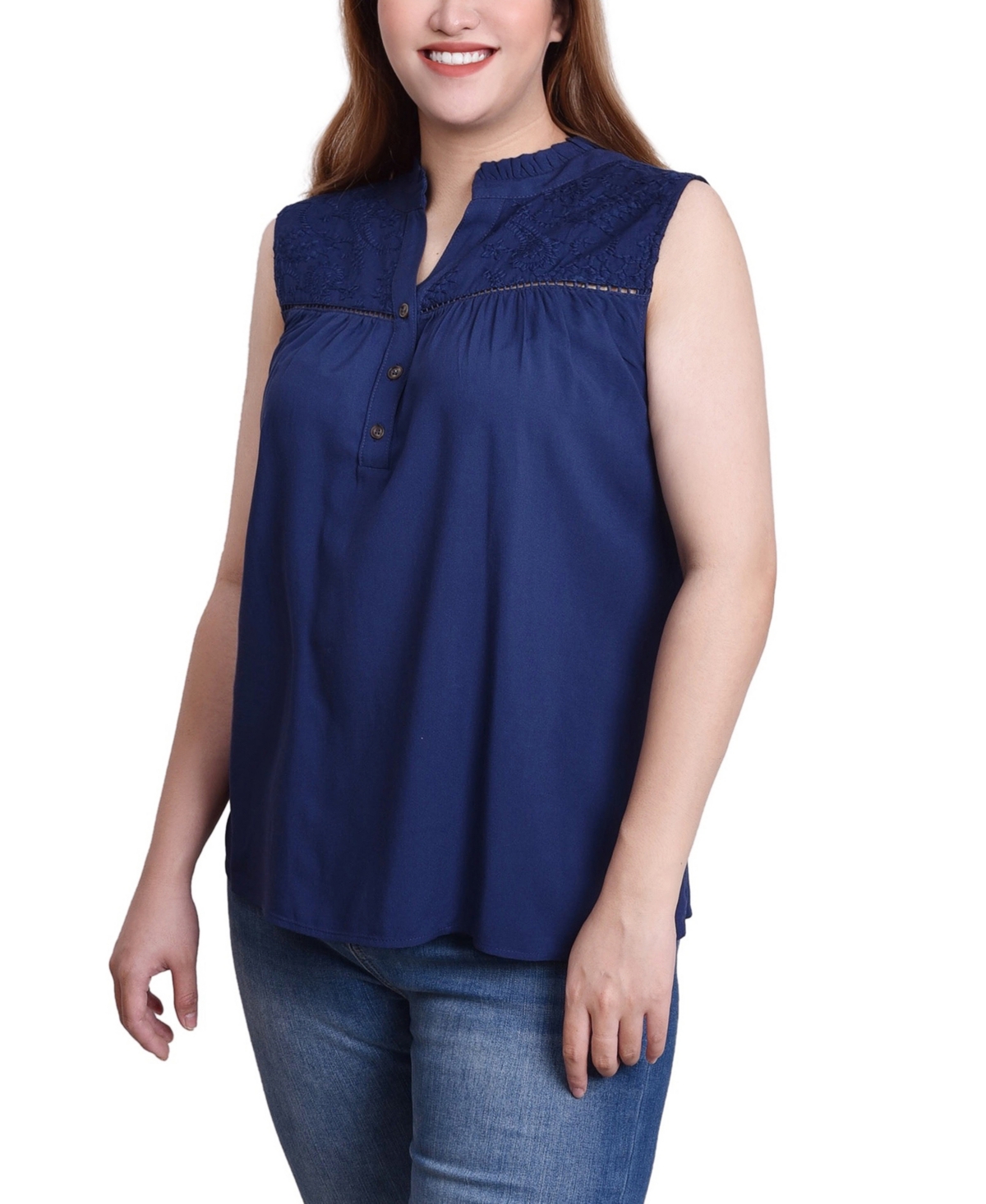 Ny Collection Petite Sleeveless Yoked Blouse Top In Navy