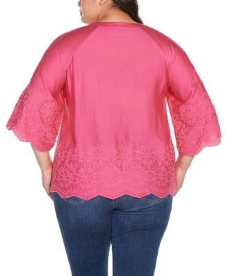 Black Label Plus Size Raglan 3/4-Sleeve Embroidered Top