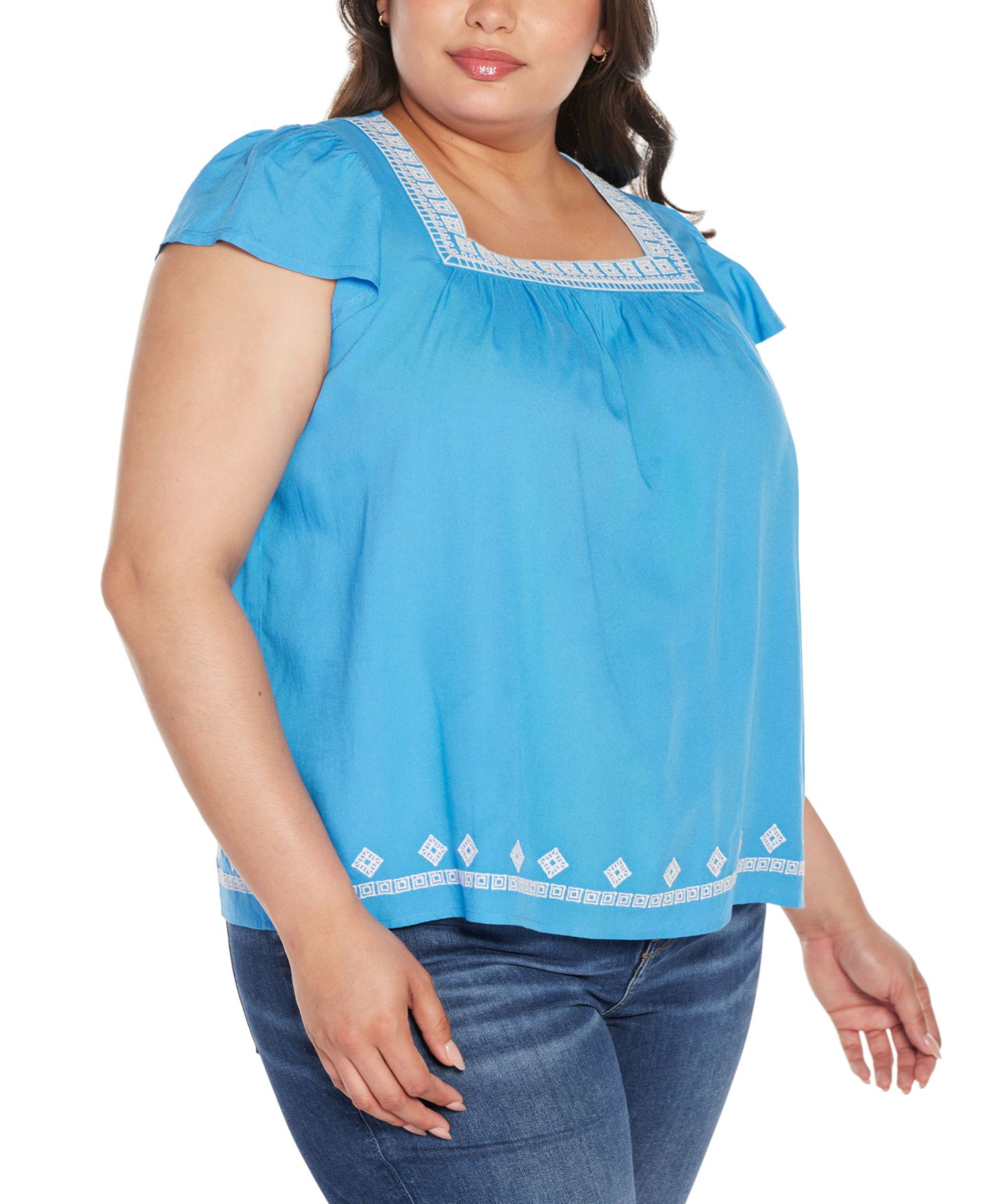 Женский топ Belldini Black Label Plus Size Boho Embroidered Square Neck, цвет: Синий / Белый — фото 3