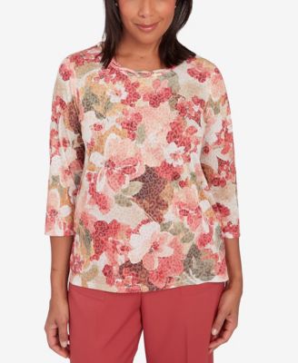 Alfred Dunner Petite Sedona Sky Watercolor Knotted Neck Floral Top - Macy's