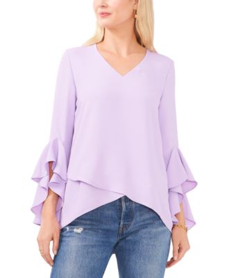 Purple Floral Print Ruffle V Neck Crop Sleeve Blouse, Women's deals Tops, Women's Clot