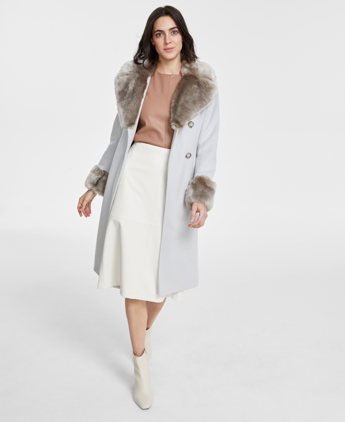 Via Spiga Women s Faux Fur Trim Belted Wrap Coat Truffle Smart Closet