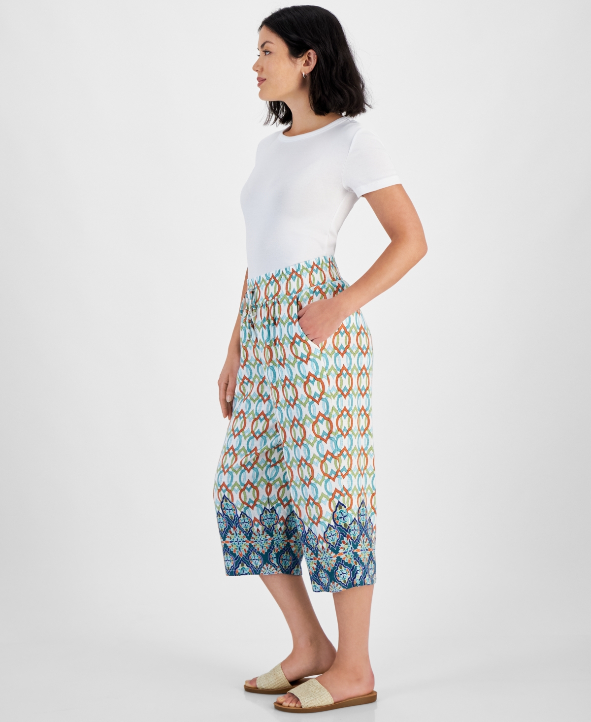 Jm Collection Petite Border-Print Pull-On Cropped Pants, Created for Macy's