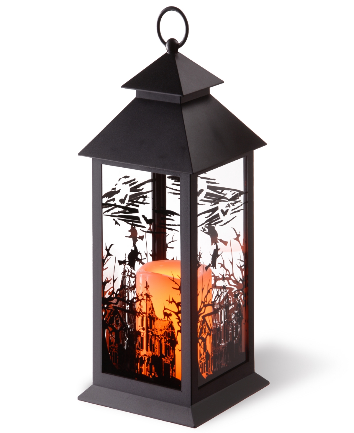 12" Halloween Lantern with Led Lights, Carved Images of Witches, Haunted House - Black