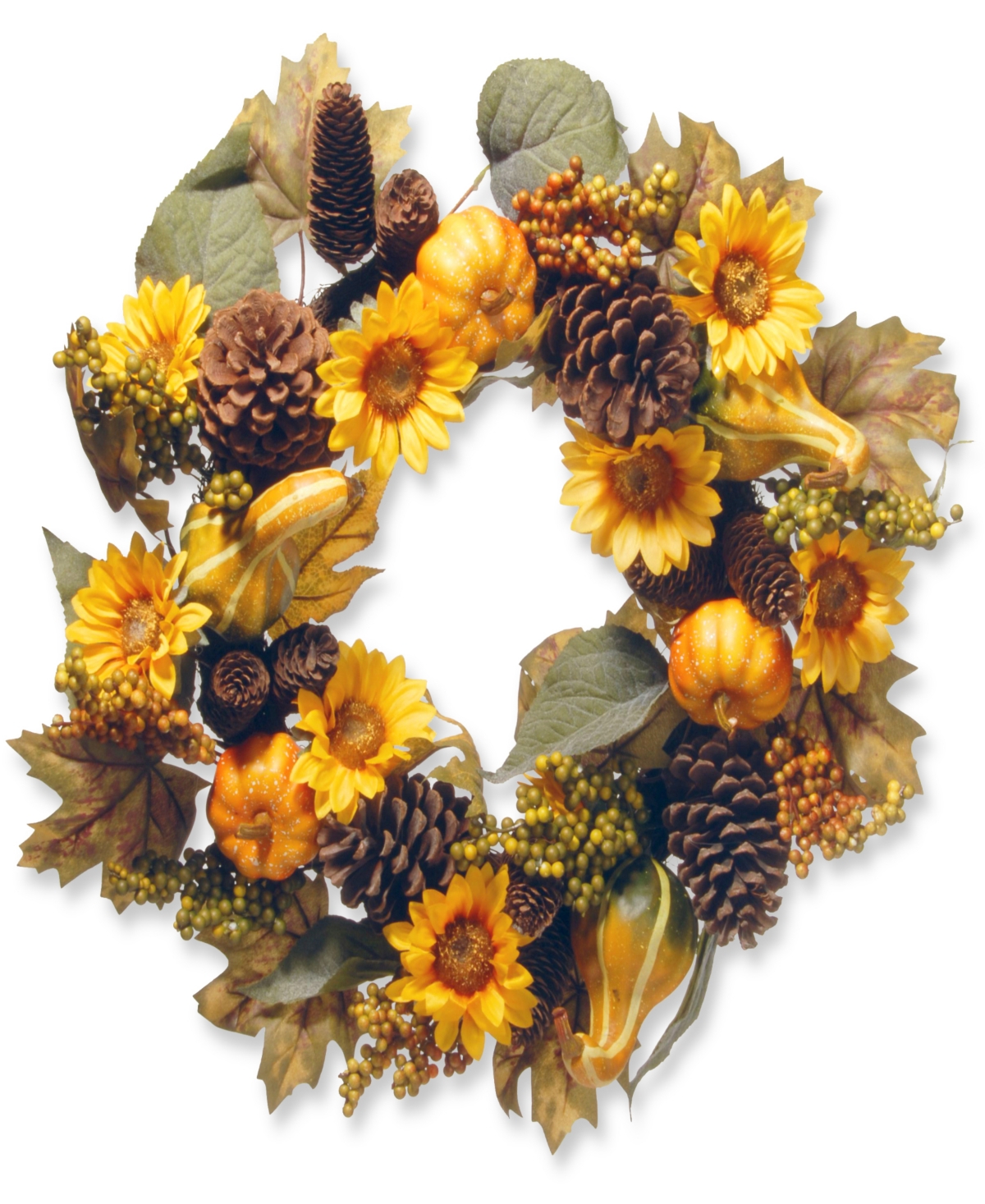 22" Artificial Autumn Wreath, Decorated with Pumpkins, Gourds, Pinecones, Sunflowers, Berry Clusters, Assorted Leaves, Autumn Co