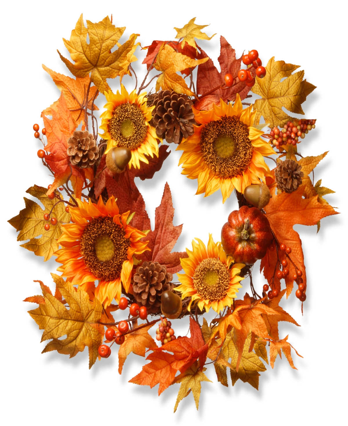 22" Artificial Autumn Wreath, Decorated with Sunflowers, Pinecones, Berry Clusters, Acorns, Pumpkins, Maple Leaves, Autumn Colle
