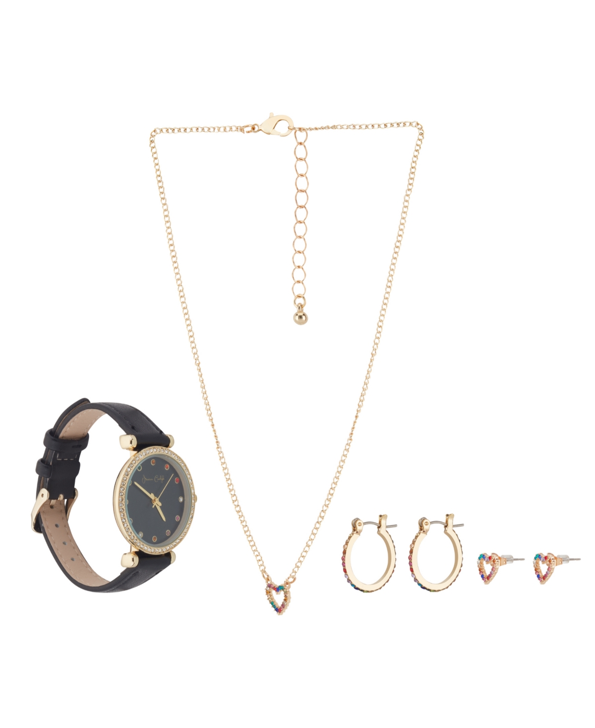 Jessica Carlyle Women's Quartz Black Polyurethane Leather Strap Watch with Necklace 3 Pieces Earrings Gift Set - Black