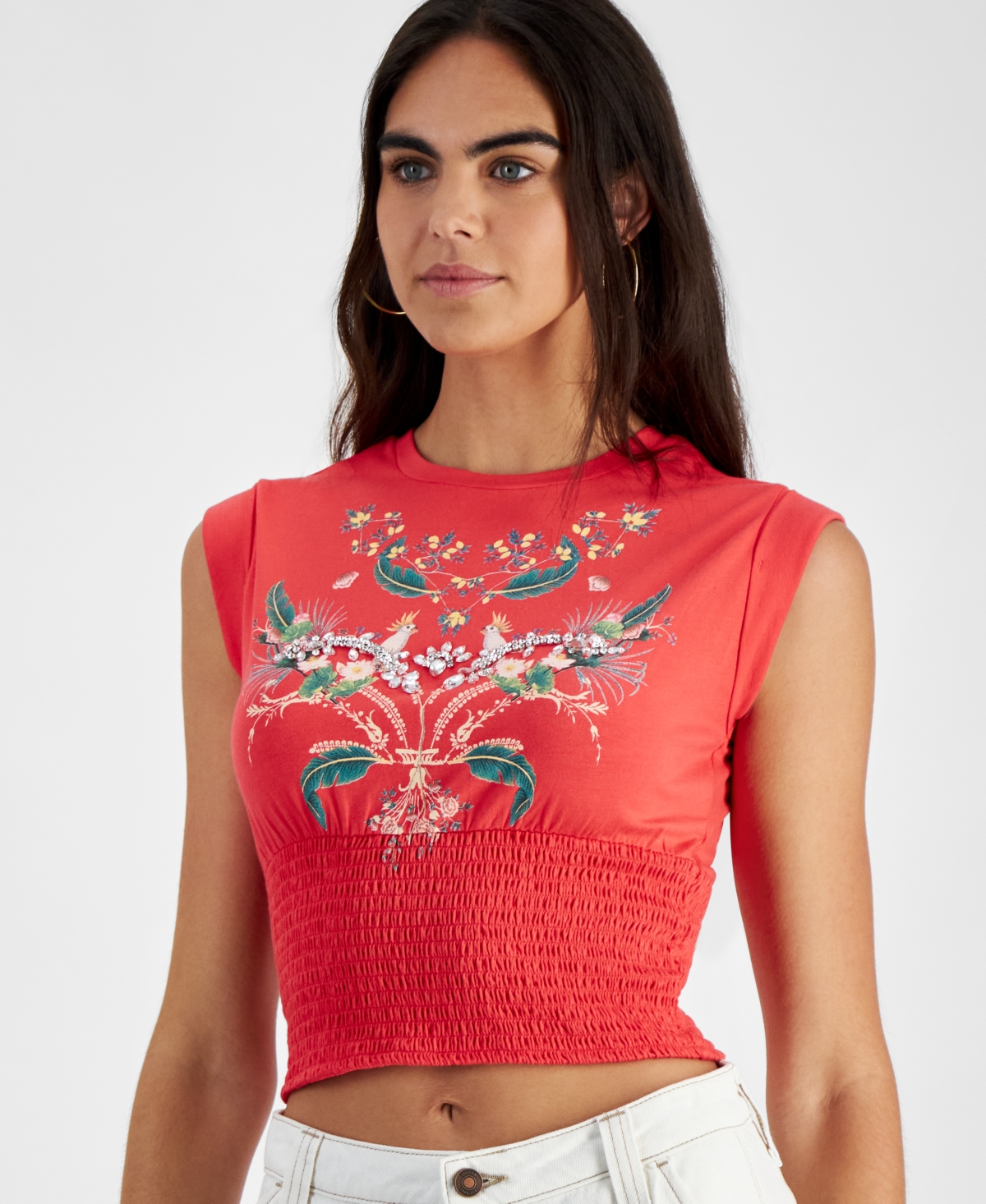 Guess Women's Embellished Tropical Print Smocked T-Shirt