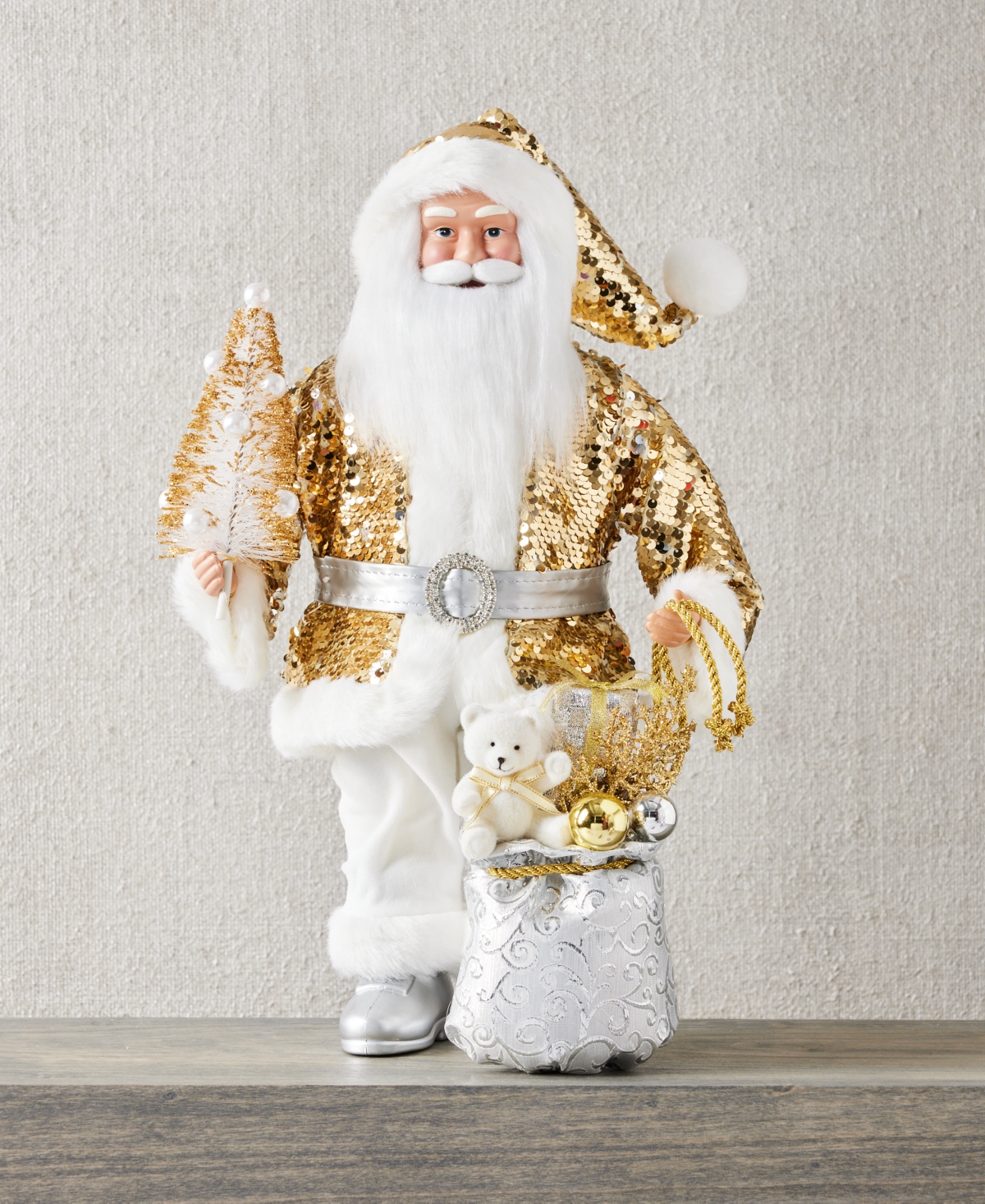 Holiday Lane Shine Bright Gold-Tone Glitter Caucasian Santa