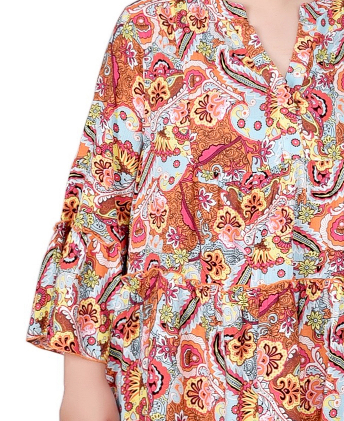 Ny Collection Plus Size 3/4 Sleeve Tiered Dress In Blue Orange Paisley