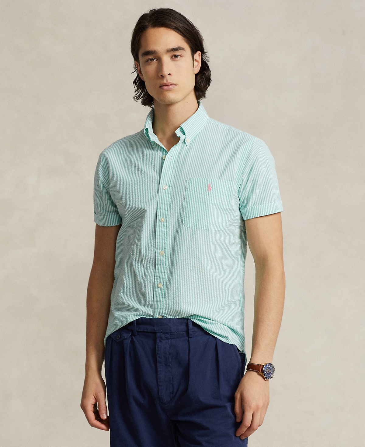 Polo Ralph Lauren Stripe Seersucker Short Sleeve Button-down Shirt In Keywest Green,white