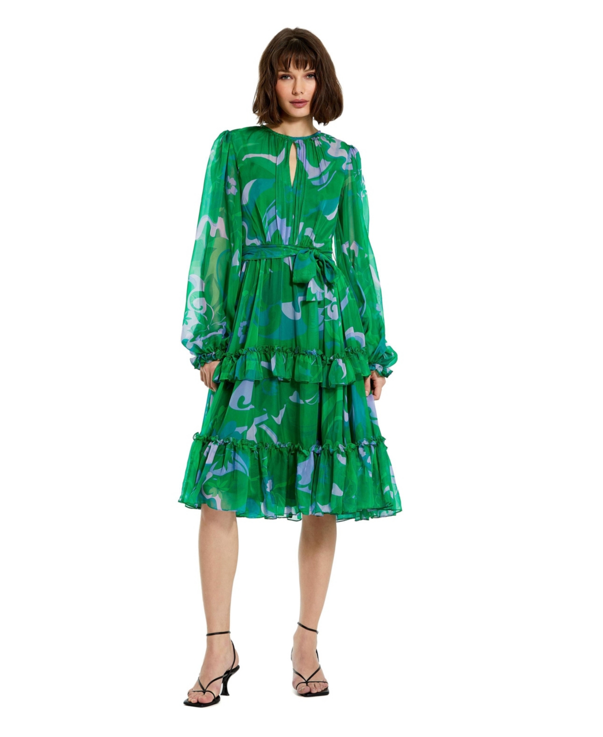 Women's Printed Chiffon Bishop Sleeve Ruffle Midi Dress - Green multi