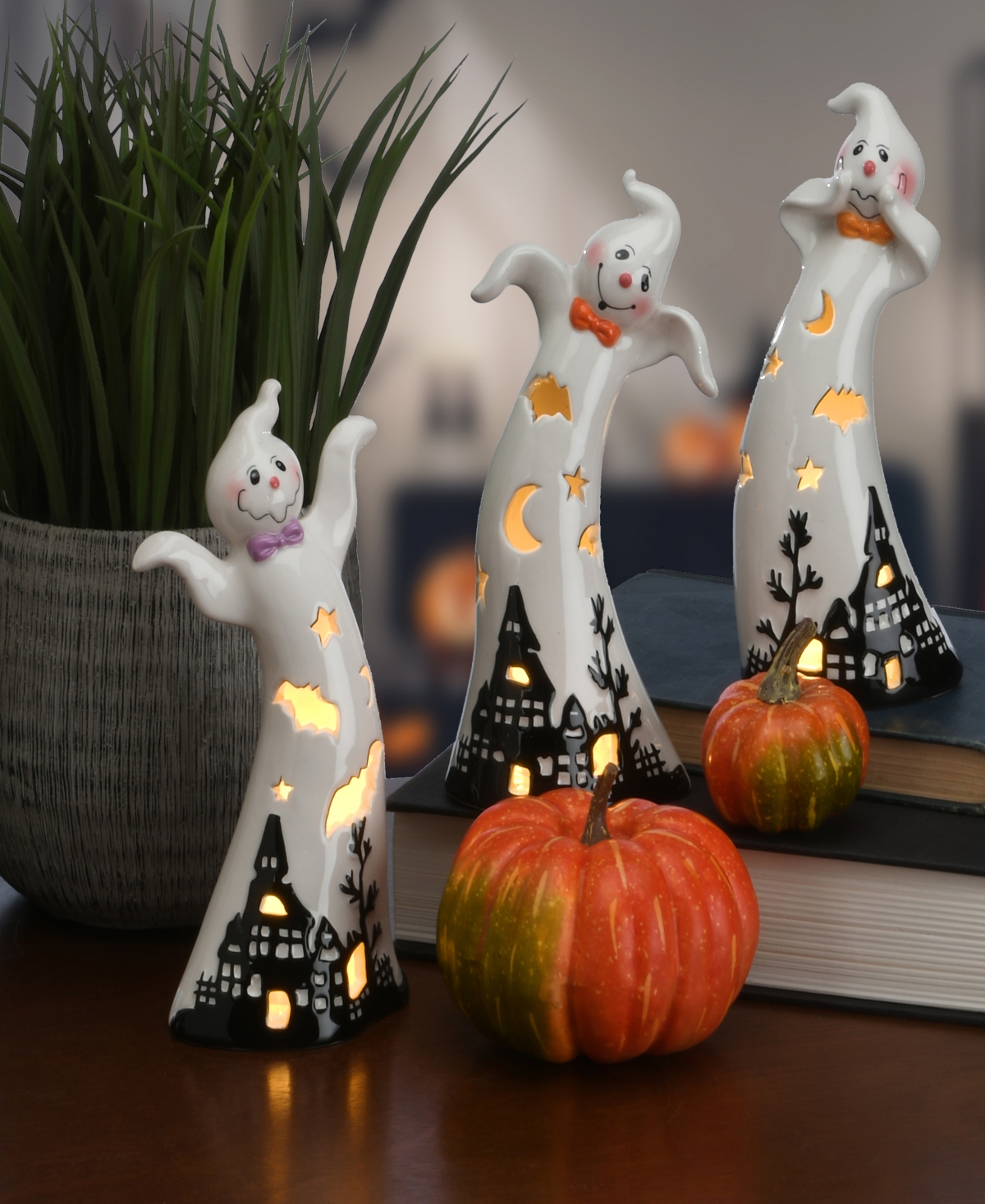 National Tree Company 7" Three Dancing Ghosts Ceramic Decoration, Led Lights, Pack of 3, Halloween Collection