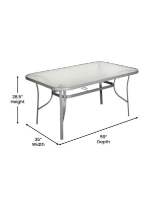 Tala Rectangular Tempered Glass Top Patio Table With Umbrella Hole And Black Steel Tube Frame