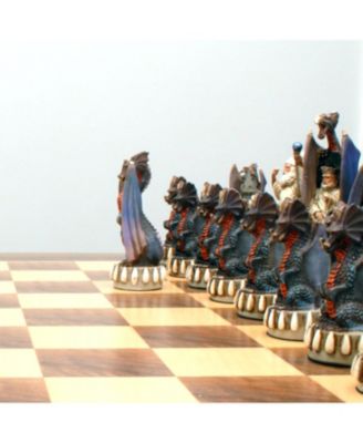 Handpainted Dragon Chess Set, Walnut Root Board 21 in, 4.5 in King