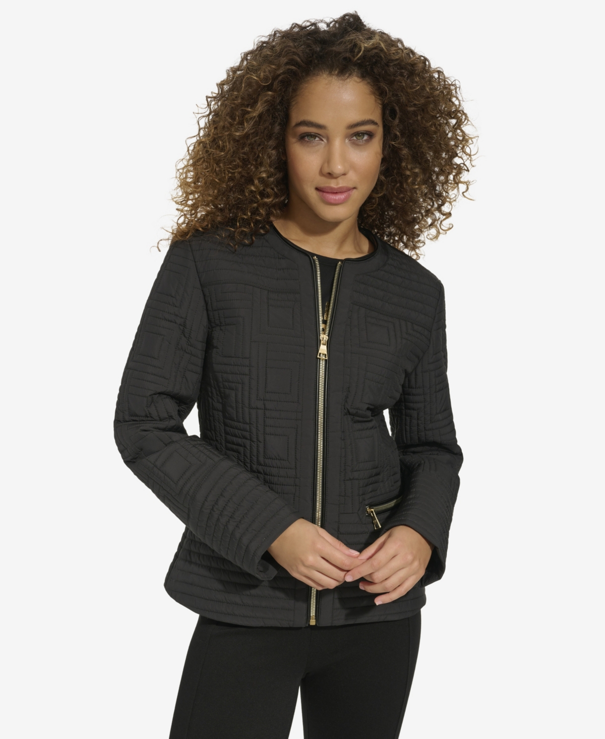 Women's Collarless Quilted Jacket - Black