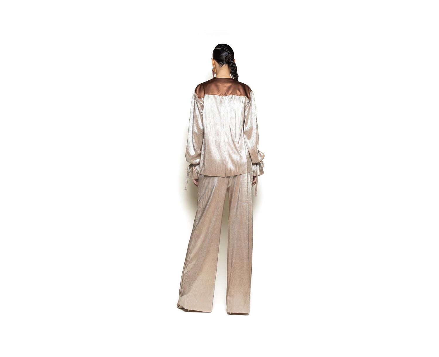 Women's Long Tie Sleeve Rose Gold Shimmer Pleated Tuxedo Top