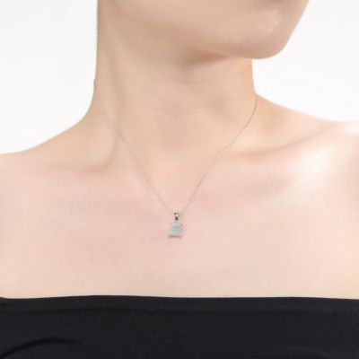 White Gold Plated with Cubic Zirconia Square Pave Pendant Necklace